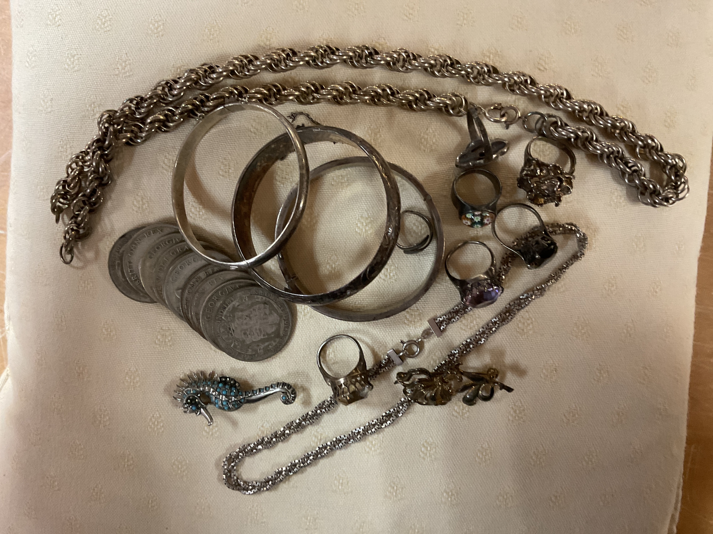Qty heavy silver jewellery and bangles, necklaces, rings and pre 47 half crowns. Sterling 210 grams. Coins 135 grams.