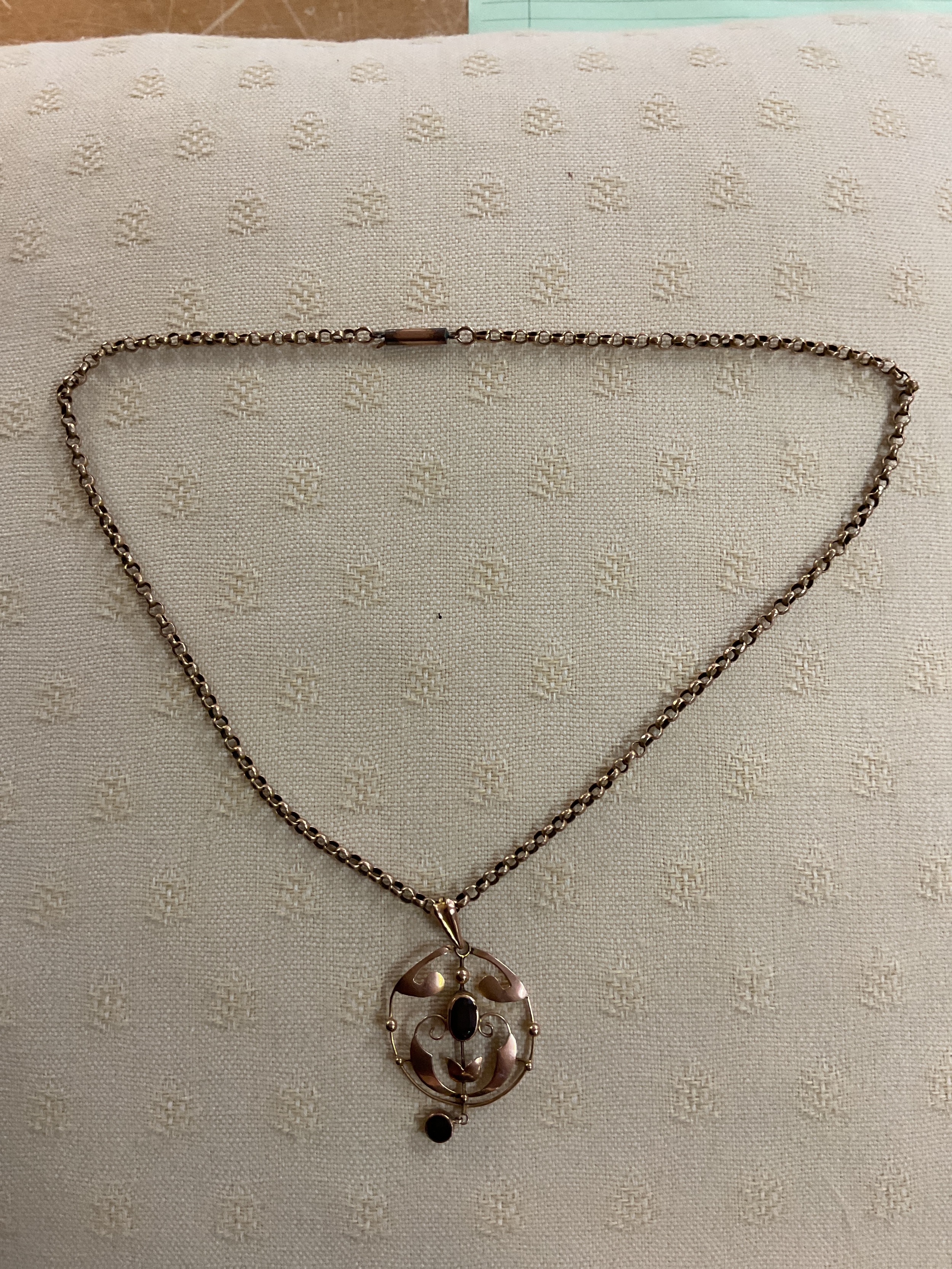 Edwardian Amethyst 9ct brooch on period gold chain.weight 
