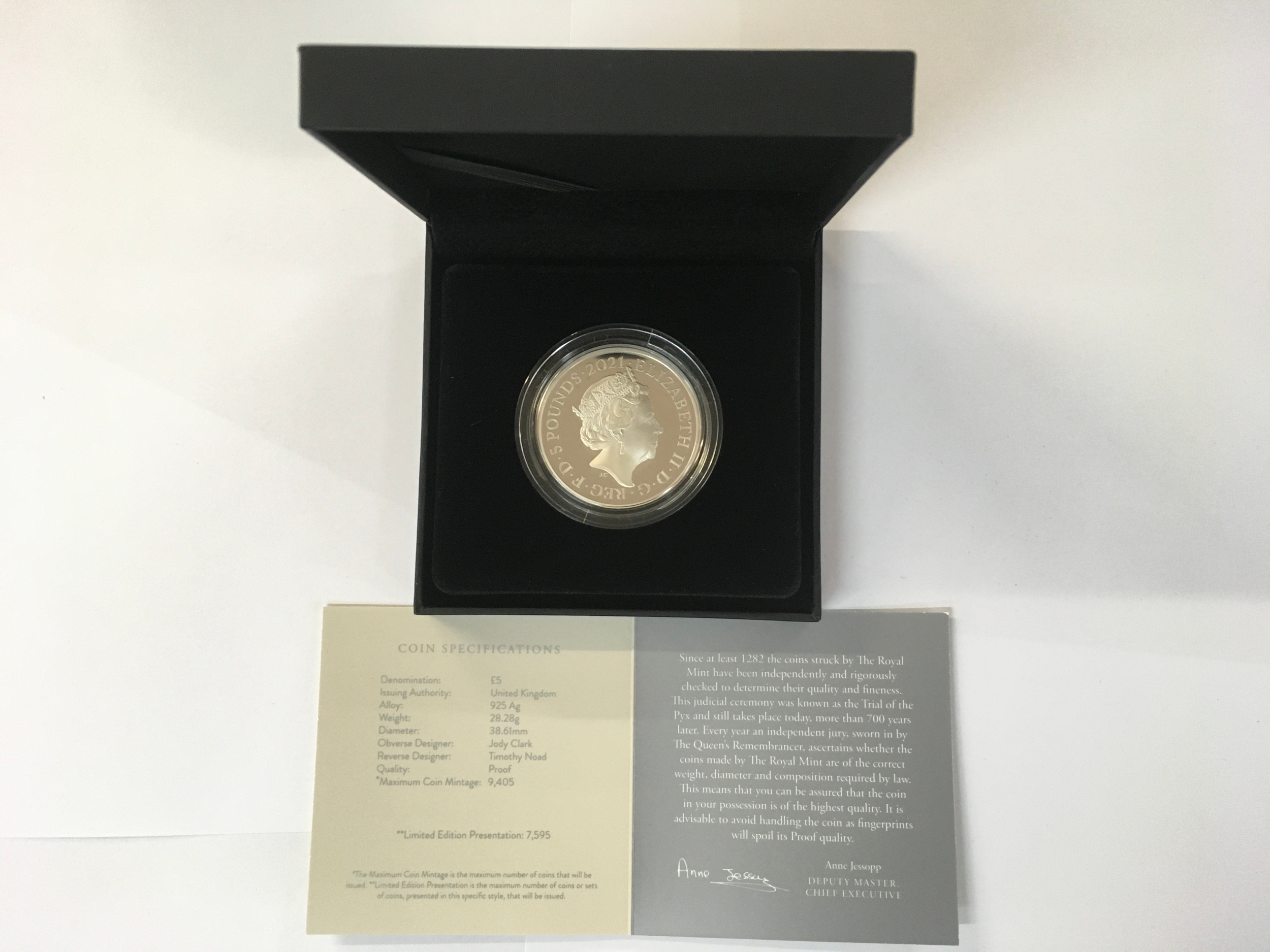 £5 Silver proof Elizabeth II 2021 Commemorative of 95th birthday Coin. Includes case with Specifications / proof of authenticity.