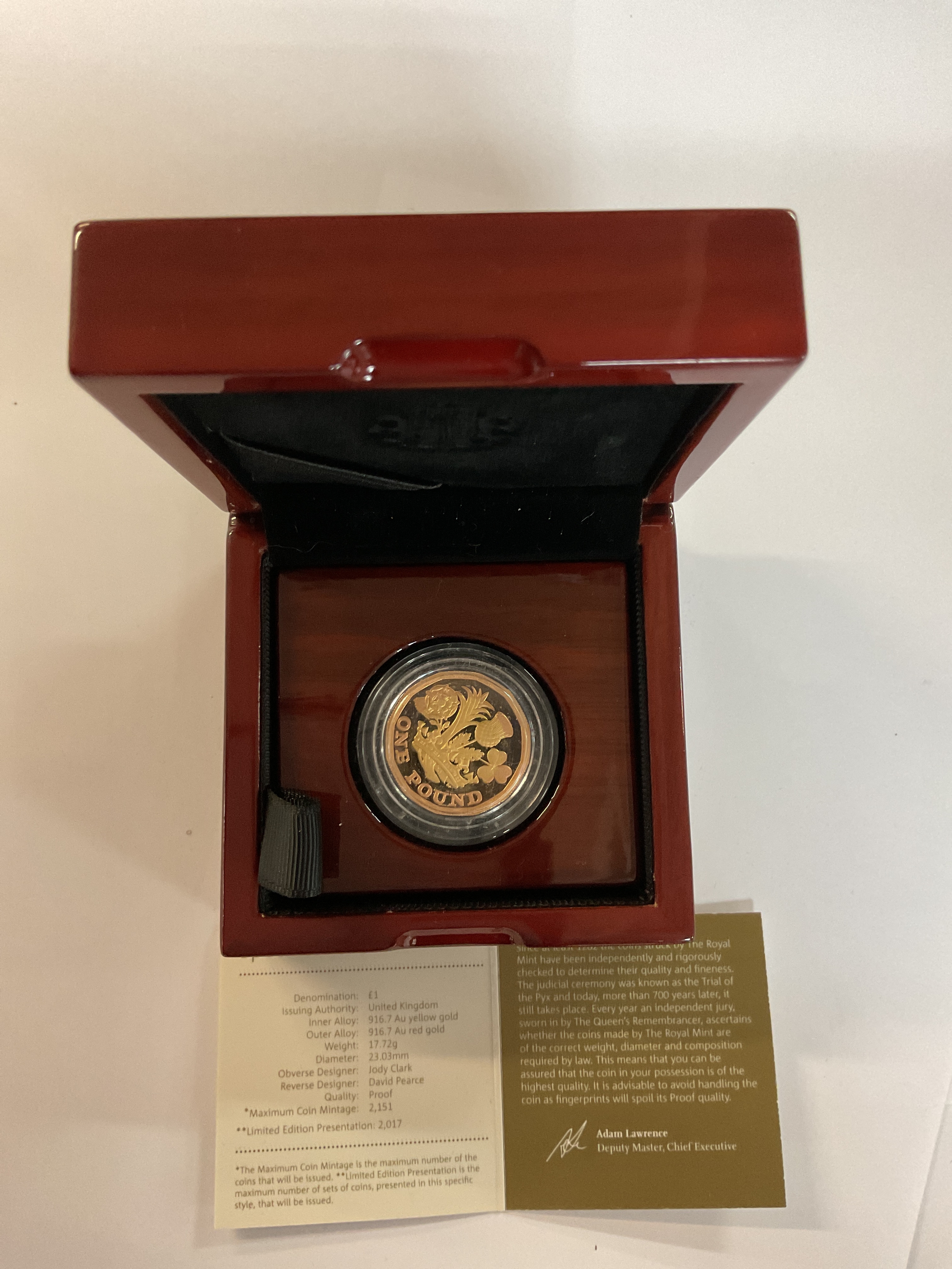 Gold proof 2017 £1 Coin. Includes specifications and proof of authenticity.
