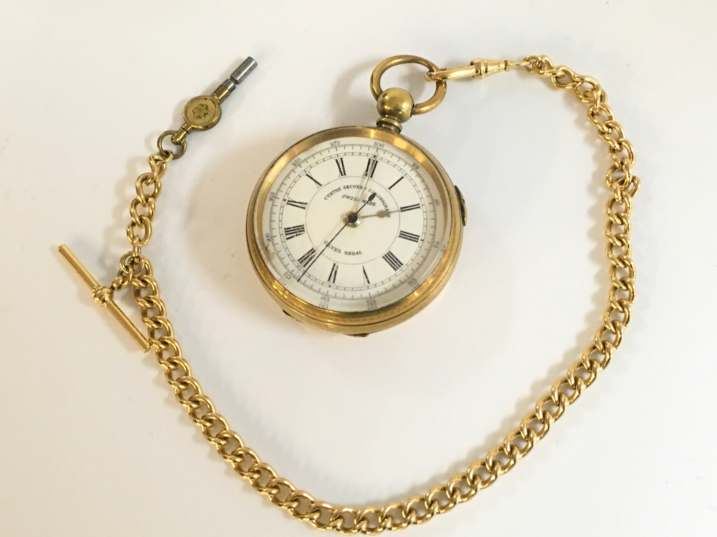 Gold plated pocket watch, centre seconds chronograph "silver medal" S.A exhibition 1877