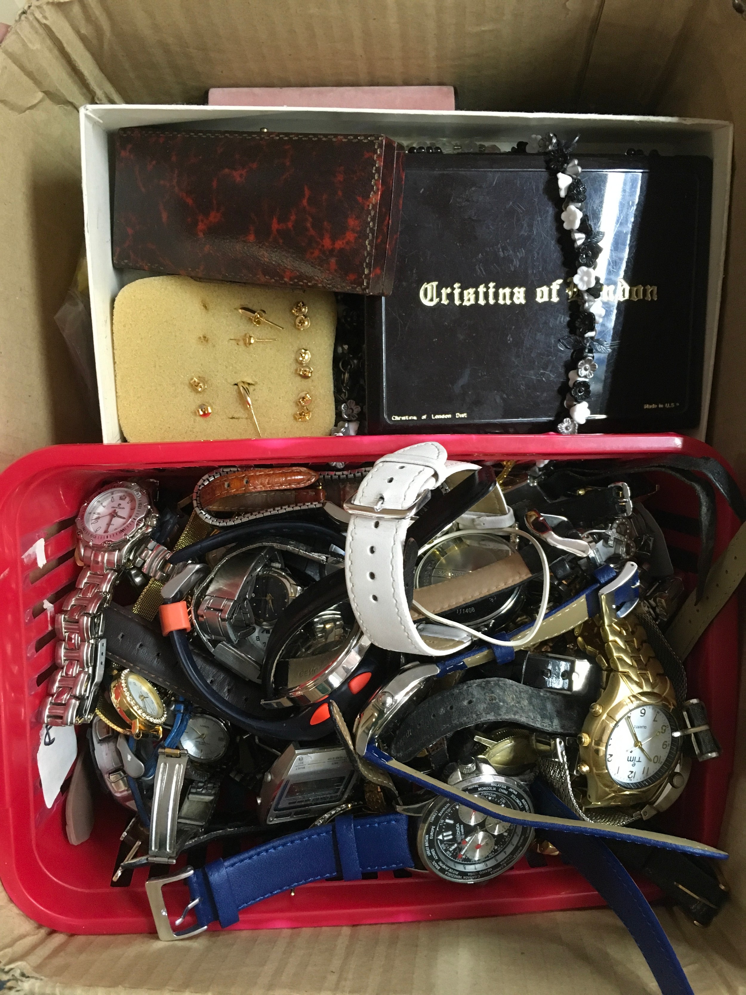 A box of watches and mixed costume jewellery