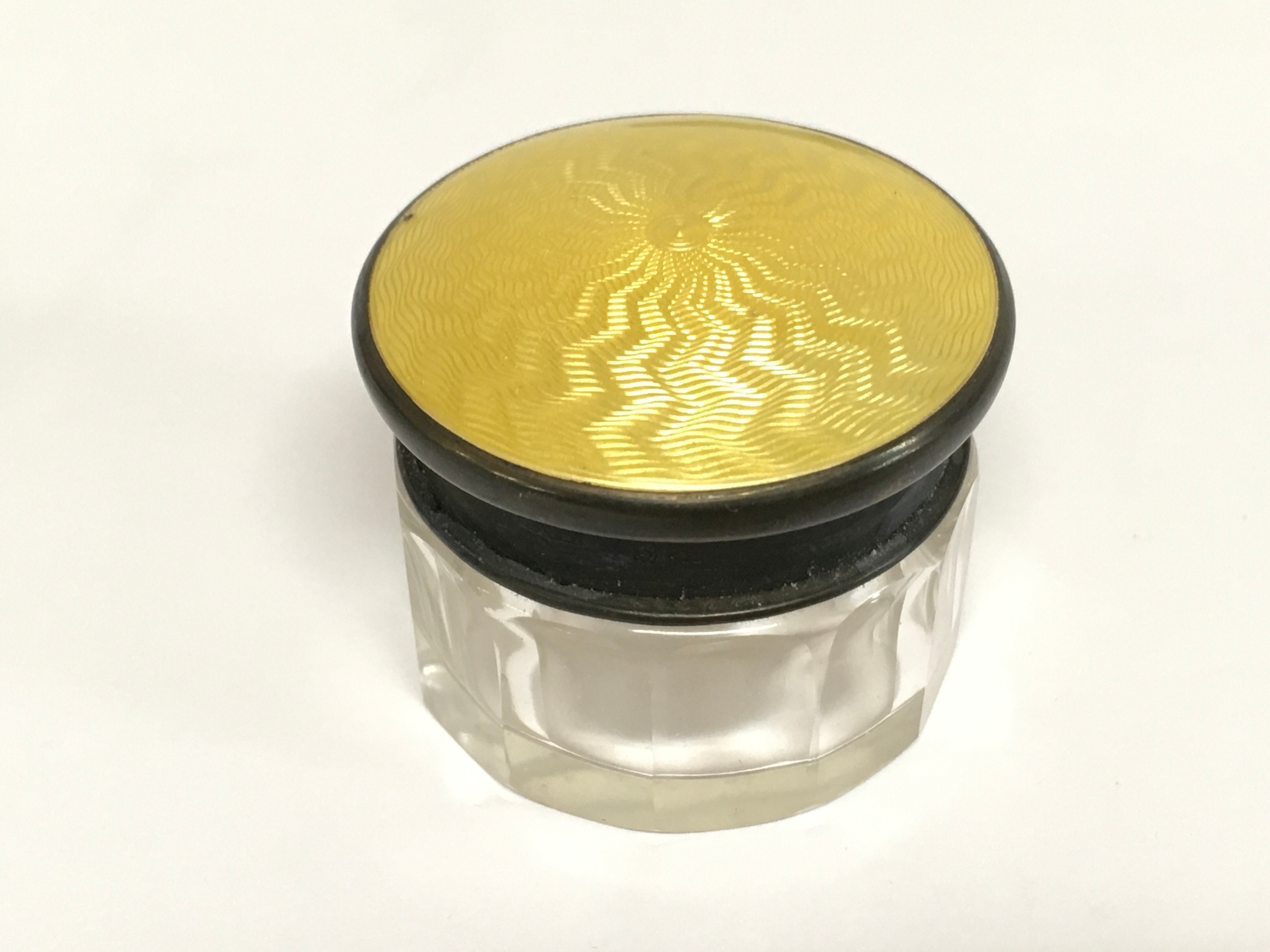 antique buttercup yellow guilloché and silver crystal cut glass jar