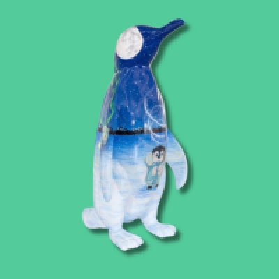 Storms Pass - Sponsor: Highview / ArtIst: Poppy Clark / "Storms Pass" is inspired by the quote, 'Stop trying to calm the storm. Calm yourself. The storm will pass.' The sculpture conveys a positive message through its depiction of a baby penguin caught in a blizzard of emotions. As viewers move around, the storm gradually subsides, revealing the tranquil northern lights, and the penguin finds peace with its mother, symbolising co-regulation. Poppy is a Southend-based artist known for her use of fineliner pens, graphite, watercolours, and acrylics. She draws inspiration from personal experiences, music, and meaningful quotes. For Poppy, art is a powerful way to express emotion and connect with others - a belief that fuels her passion for creating thought-provoking artwork. - Height 1600mm width 890mm Depth 1090mm weight 30kg