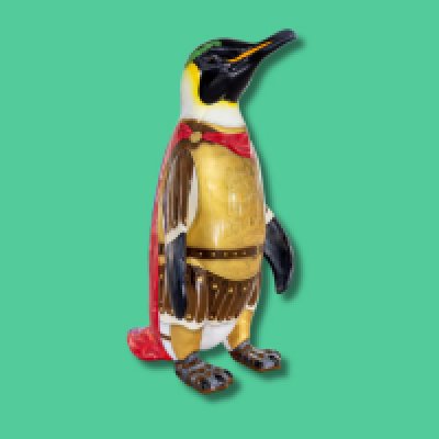 Emperor Penguin - Sponsor: Ayers & Cruiks / Artist: Tim Sutcliffe / This design sees the penguin sculpture as a mighty emperor of ancient Rome resplendent in his imperial robes, decorative armour and laurel wreath. Tim Sutcliffe is an artist, illustrator, and art director who works across a wide range of projects and styles' from sculpture to digital art using Photoshop. He has designed and painted sculptures for numerous art trails. His living room often houses large fibreglass animals in progress, reflecting his dedication to imaginative, large-scale public artworks that engage and delight communities. - Height 1600mm width 890mm Depth 1090mm weight 30kg