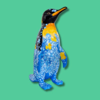 Bird Bath - Sponsor: Essex & Suffolk Water / Artist: Ali Elly / Rub-A-Dub-Dub, this penguin is taking a bath. With his soap and sponge he has made so many luxurious bubbles in his bath. Soaking with all his rubber ducks he's in no hurry to do anything. Ali works from her studio on the Northumberland coastline. An environmental artist, she draws constant inspiration from the organic, chaotic patterns of the underwater world. Her illustrations appear in many books and publications, and she enjoys taking on a variety of projects and commissions with organisations around the world. - Height 1600mm width 890mm Depth 1090mm weight 30kg