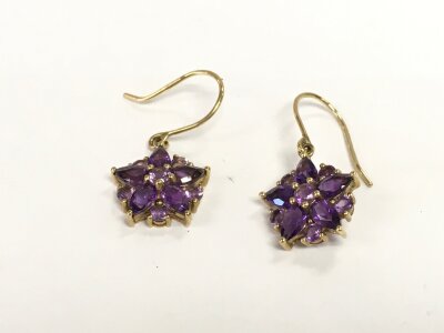 A pair of 9ct gold amethyst earrings. 2.31g