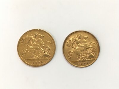 A 1896 half sovereign and a 1908 half sovereign