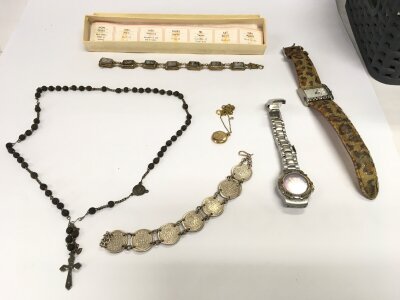 A collective lots including silver crucifix on beaded chain, two watches , coin bracelet, 9ct front and back locket etc.