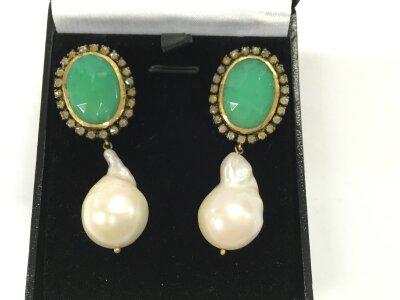 Large pair of silver gilt drop earring with baroque pearls oval chrysoprase and diamonds.
