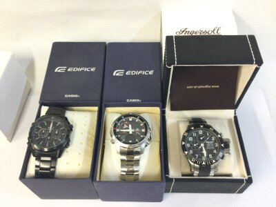 Two Casio Edifice gents watches with boxes and a Ingersoll gents boxed watch.