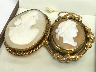 Two cameos in nice condition, one is a swivel brooch