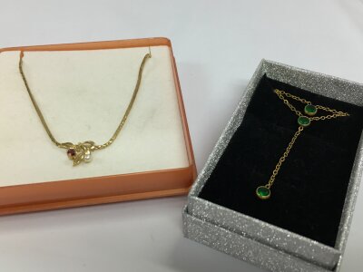 A K+L G.P Necklace with cultured pearl and ruby, green three drop necklace G.P