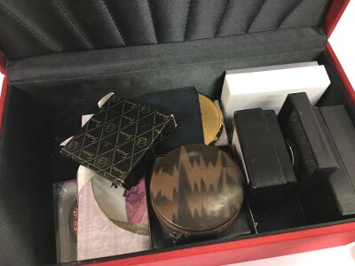 A box of (some new) pill boxes, compacts, little metal boxes, mirrors, four good compacts