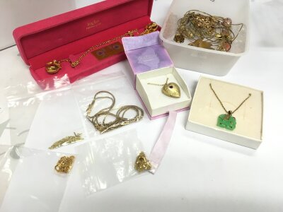 Silver gilt jewellery all silver ten necklaces five brooches, four bracelets, one amber chain and a cloak fastener