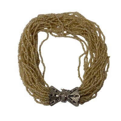 A vintage multi strand seed pearl bracelet mounted with a unmarked white gold bow the collar being set with diamonds..