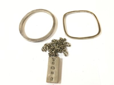 2 Hallmarked Silver Bangles And A Ingot Pendant 110g.