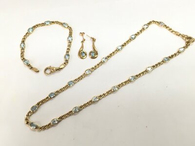 9ct gold blue topaz set necklace / bracelet and earrings, 40.5g