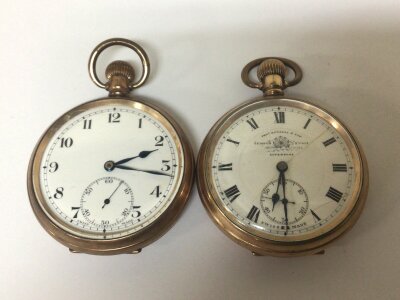 Two gold plated pocket watches button wind maker Tho Russell Liverpool dial cracked but seen working and one other. (2)
