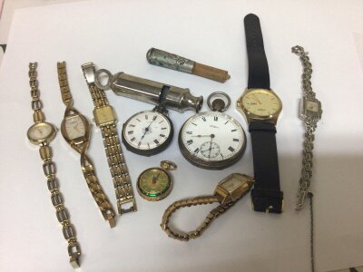 Two silver cased pocket watches a silver and marquisette watch and other oddments.