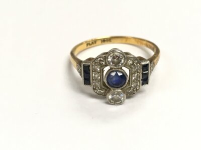 An 18ct and platinum sapphire and diamond ring circa 1930s style. Size N and 3.35g