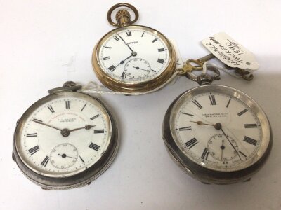 A Gold plated Vertex button wind watch presented by BR Southern Region to RT Brooker seen working and two silver cased key wind pocket watches The Express English Lever maker J G Graves Sheffield and one other Leicester & Co Twickenham (3)