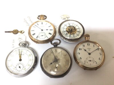 A collection of pocket watches including a silver cased pocket watch with an elaborate dial two gold plated pocket watch and others spare or repair. (5)