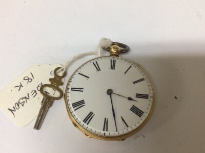 An 18carat gold cased key wind pocket watches maker with an enamel dial engraved with makers name J W Benson Ludgate Hill London. Not seen working total inclusive weight 54g