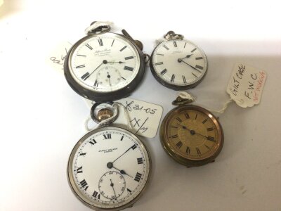 Four pocket watches. Three silver cased watches. Maker James Walker London Albert Ross Tottenham London and one other smaller watch spare or repair (4)