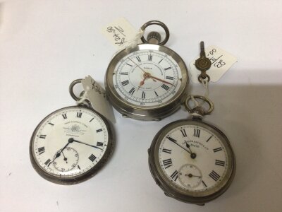 A  cased Chronograph watch maker Liga silver cased button wind pocket watch Tho Russell and one other key wind watch. Spare or repair (3)