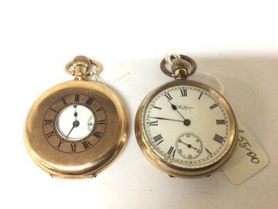 A Gold plated half hunter button wind pocket watch and one other Waltham button wind pocket watch not seen working (2)