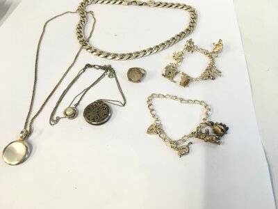 A collection of assorted silver jewellery including chains charm bracelets etc