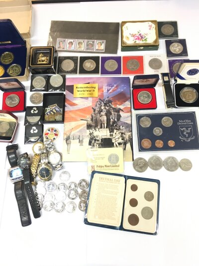 A Collection Of Gents Watches, Coins, A Crown Darby Dish Etc.