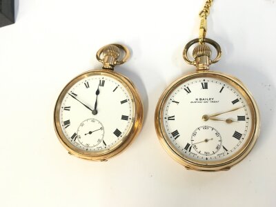 Two gold plate pocket watches. Both wind and run. 50mm cases.