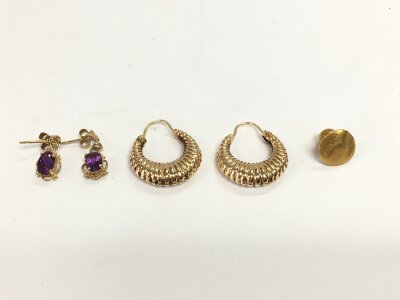 A pair of 9ct earrings 1g  14ct earrings 1.82g and an 18ct stud 0.76g