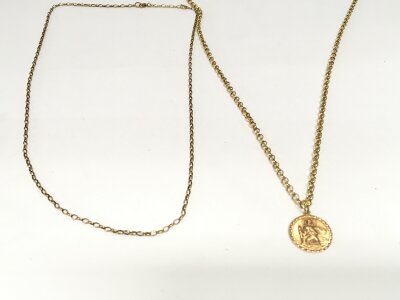 Two 9ct gold belcher style chains and a 9ct st Christopher 17.56g