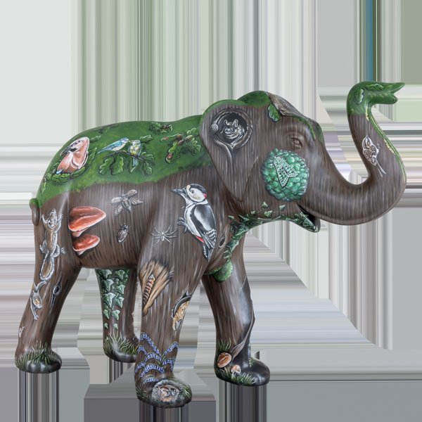 Jumbo Oak - Sponsor: Associated Insurance Services Artist: Michelle Sutton For this design, Michelle has transformed the sculpture into an elephant shaped oak tree. The design highlights the importance of trees, especially oaks, and how they support a variety of wildlife from plants and insects to birds and mammals. 