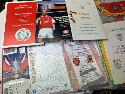 Arsenal Football Memorabilia: Includes referees report for match v Manchester United in 69/70, opening of the Emirates itinerary, Denis Compton benefit programme + Order of Service, FA Cup final eve of rallys signed by officials for 1950 2014 + 2015 plus unsigned from 93 98 72 menus and more. (4 folders)