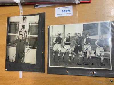 1930s Arsenal Signed Football Press Photos: Includes manager George Allison, Bastin Hapgood and Kirchin, Copping in the bath and 5 players training at Highbury which are Bastin Bowden Moss Hapgood and Copping in 1934. All have hand signed. Photos have been previously stuck down but have press stamps. (4)