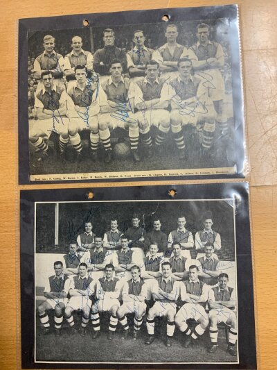 Arsenal Old Signed Magazine Football Team Groups: From the 40s and 50s to include 2 postcards. One team group of 11 is fully signed and includes Barnes L Compton Roper and Lewis. One postcard is fully signed the other is signed by 8. There are 10 team groups in total.