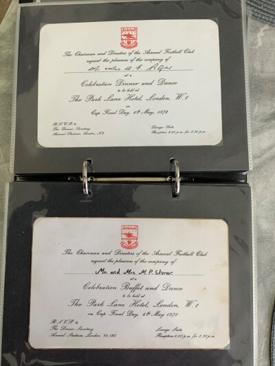 Arsenal Football Memorabilia Album: Incredible rare chance to obtain many often paper based memorabilia from original telegrams to Mercer in 1952 and Bertie Mee to congratulate the double in 70/71. Stewards items include a 46/47 pass, invites to the cup final dinners of 72 + 78 and letters from the club offering tickets for the 52 final and other topics. There are small adverts, rosettes,  cup final editions of Gunflash, small adverts for forthcoming matches and much more.