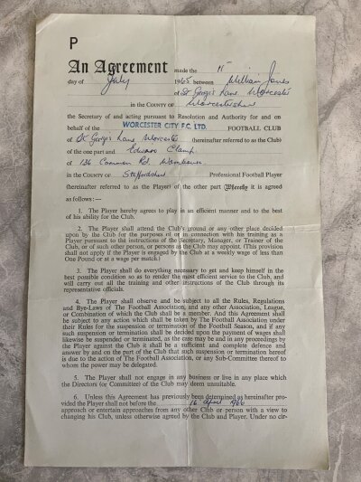 Eddie Clamp Ex Arsenal Football Contract: Probably his last ever football contract after a career at Wolves  Arsenal and England amongst others. This contract is for joining Worcester City. Usual contract with payments explained that has been signed by Clamp.