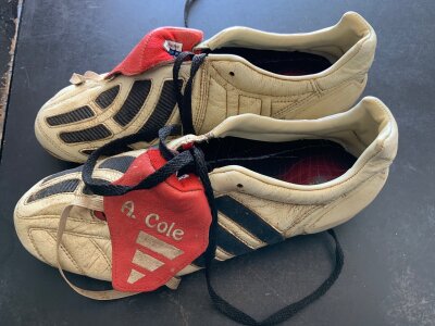 Ashley Cole Arsenal Match Worn Football Boots: Adidas white boots with A Cole stitched to both boots tongues. Worn by the Arsenal Chelsea and England player.