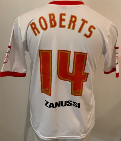 Stevenage 2011 - 2012 Match Worn Football Shirt: White short sleeve Puma shirt with N Power Badges. Roberts 14 to rear in excellent condition.