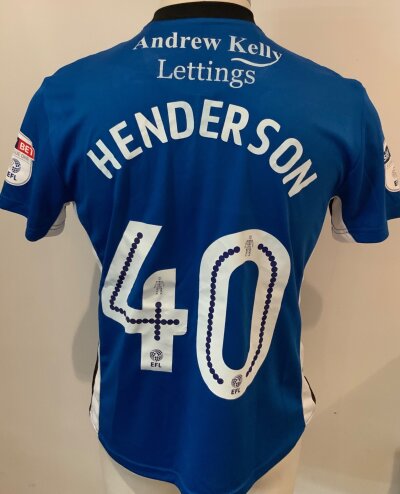 Rochdale 2017 - 2018 Match Worn Football Shirt: Blue short sleeve Errea shirt with Sky Bet Badges. Henderson 40 to rear in excellent condition.
