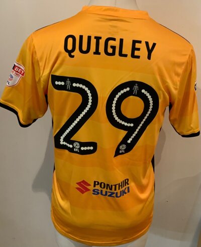 Newport County 2018 - 2019 Match Worn Football Shirt: Amber short sleeve home shirt with Skybet League 2 arm patches. Number 29 Quigley to rear. Excellent.