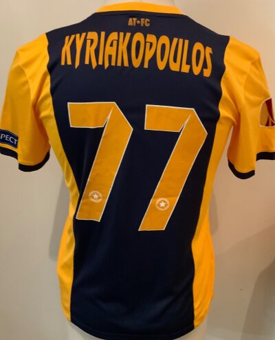 Tripoli 2014 - 2015 Match Issued Football Shirt: Europa League short sleeve yellow and blue shirt with number 77 Kyriakopoulos to rear. Issued v Tottenham.