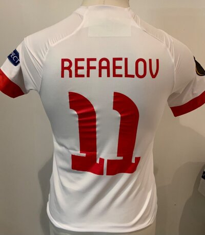 Antwerp 2020 - 2021 Match Issued Football Shirt: Europa League short sleeve white shirt with number 11 Refaelou to rear. Europa League Badging to sleeve. The 100 years badge to rear collar has been deliberately obscured.