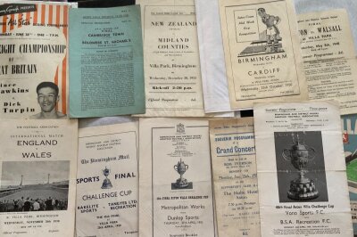 Football Programmes Played At Aston Villa: Wide range of different matches with none involving Aston Villa. There are boys matches, internationals, replays from cup matches, Aston Villa Challenge Cup, schools, boxing, rugby. Includes 1938 Hawkins v Turpin boxing, 49/50 Birmingham Mail Sport Final, Villa Challenge Cup, 1948 Aston schools v Walsall, 50/51 Birmingham v Cardiff Wednesday League, 47/48  Cambridge Town v Boldmere Street v St Michaels and much more. (35)
