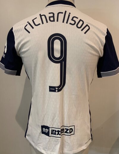 Tottenham 2024 - 2025 Match Worn / Issued Asia Tour Football Shirt: Nike snort sleeve white home shirt with number 9 Richarlison to rear. Excellent condition. Shirt has Asia Tour patch to lower rear.